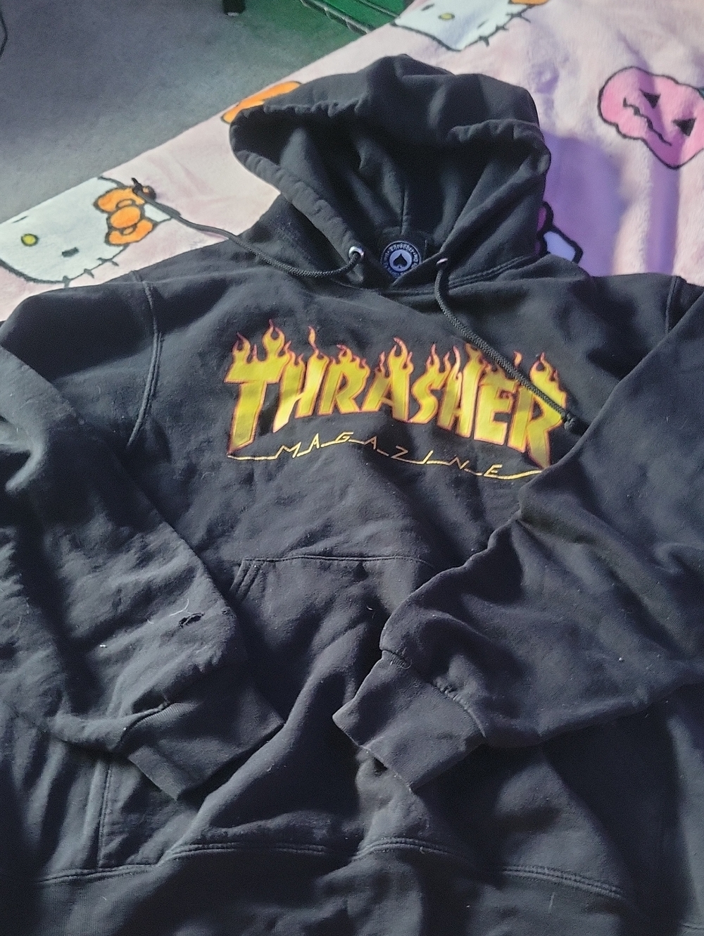 Thrasher Black Hoodie with Yellow-Orange Flame Logo